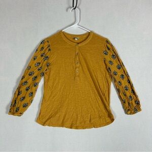 Lucky Brand Boho Peasant Top Women’s M Yellow Floral Balloon Sleeve Half Button